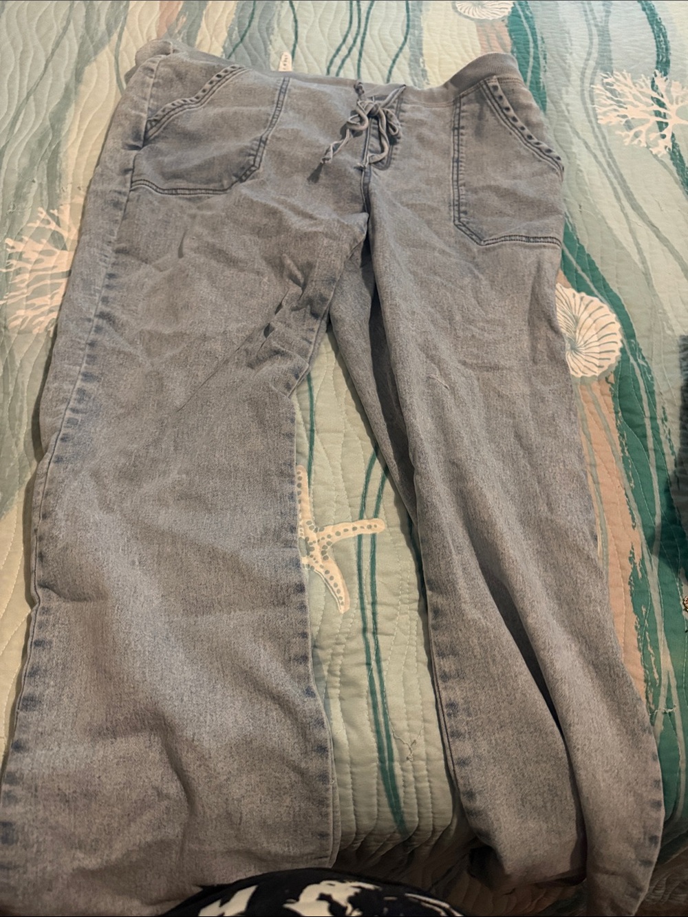 Light Wash Denim Lace-Up Waist Pants